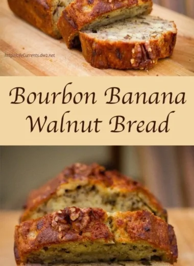 Slice of Bourbon Banana Walnut Bread with walnuts and bananas on the side