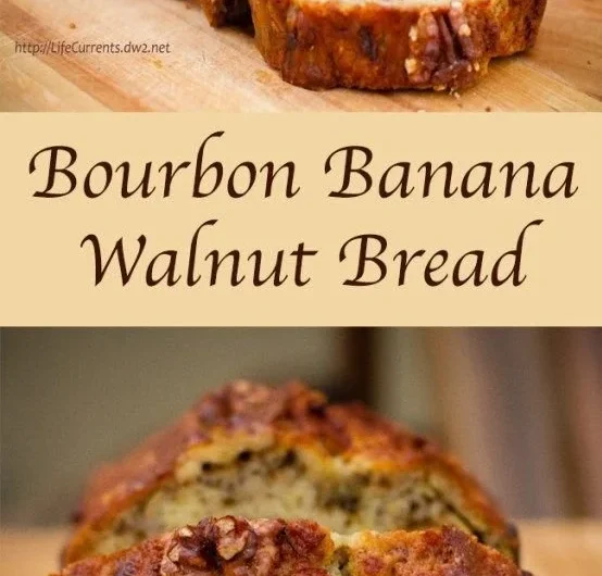 Slice of Bourbon Banana Walnut Bread with walnuts and bananas on the side
