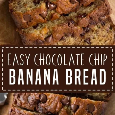 Loaf of chocolate chip banana bread with chocolate chips and banana slices