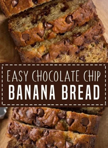 Loaf of chocolate chip banana bread with chocolate chips and banana slices