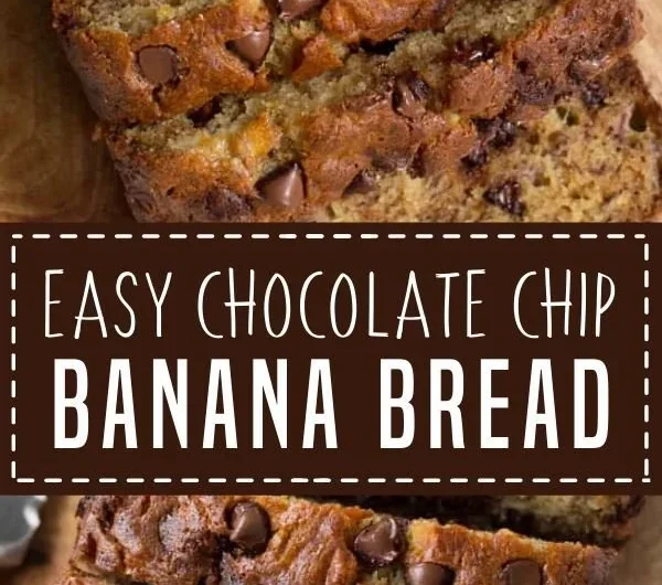 Loaf of chocolate chip banana bread with chocolate chips and banana slices