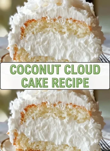 Delicious Coconut Cloud Cake topped with coconut flakes and fresh cream