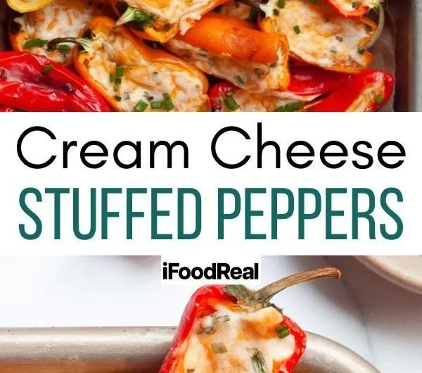 Cream cheese stuffed mini peppers arranged on a platter