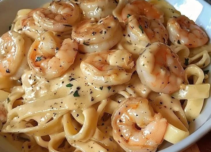 Creamy shrimp fettuccine pasta with homemade Alfredo sauce