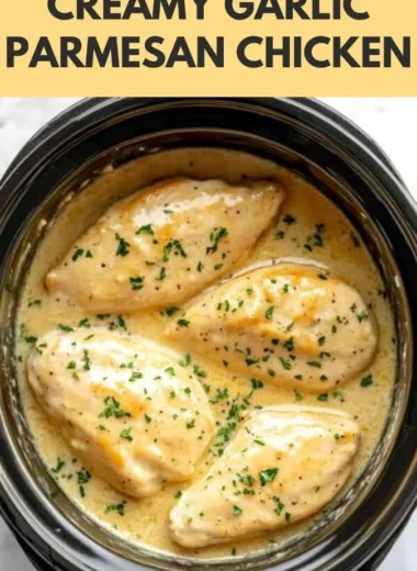 Delicious crockpot creamy garlic parmesan chicken served with herbs.