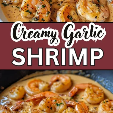 Plate of easy creamy garlic shrimp with herbs and pasta