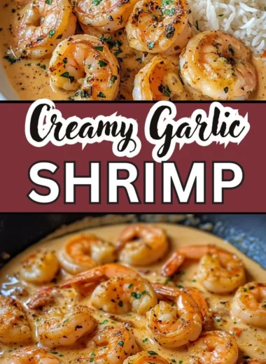 Plate of easy creamy garlic shrimp with herbs and pasta