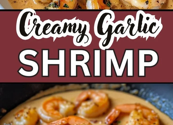 Plate of easy creamy garlic shrimp with herbs and pasta