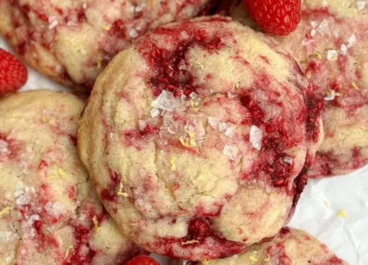 Freshly baked Lemon Raspberry Cookies on a cooling rack