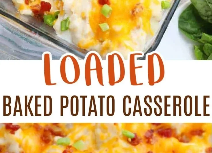 Delicious loaded baked potato casserole topped with cheese and bacon.