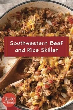 Loaded Beef and Rice Skillet with vegetables in a pan