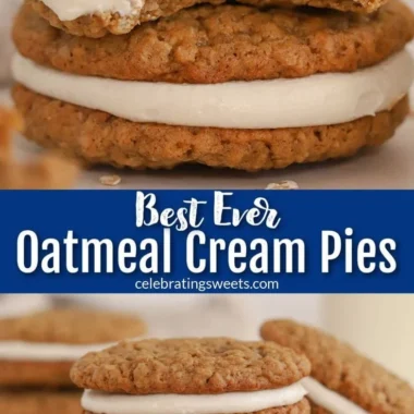 Homemade oatmeal cream pies with creamy filling between soft oatmeal cookies