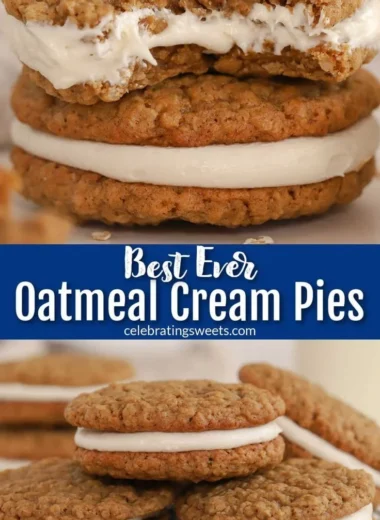 Homemade oatmeal cream pies with creamy filling between soft oatmeal cookies