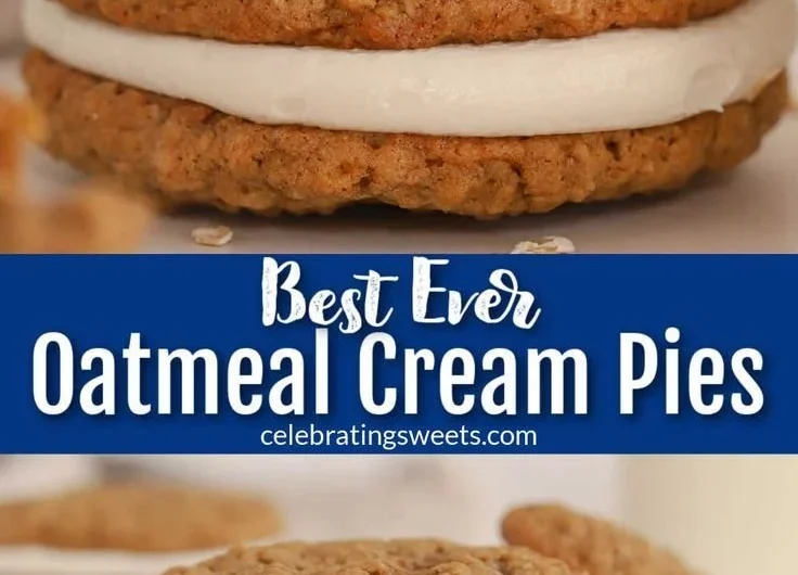 Homemade oatmeal cream pies with creamy filling between soft oatmeal cookies