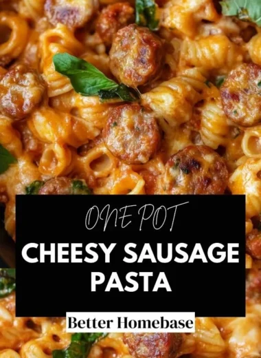 One pot cheesy sausage pasta dish with creamy sauce and fresh ingredients