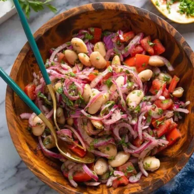 Piyaz Turkish white bean salad with onions, tomatoes, and herbs