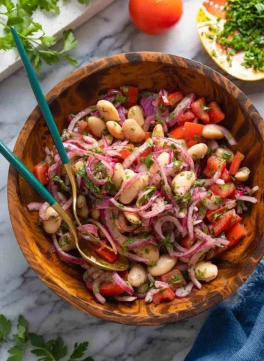 Piyaz Turkish white bean salad with onions, tomatoes, and herbs