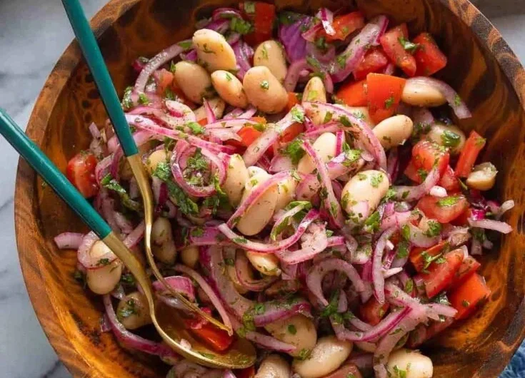 Piyaz Turkish white bean salad with onions, tomatoes, and herbs