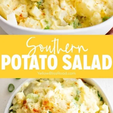 Creamy Southern potato salad served in a bowl at a picnic.