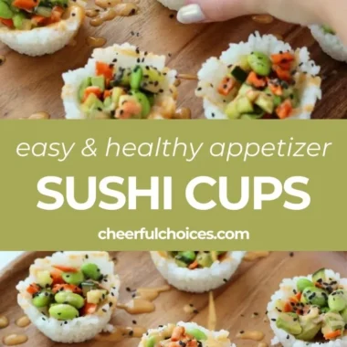 Colorful sushi cups filled with fresh ingredients and garnished elegantly.