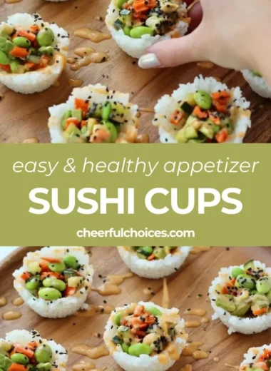 Colorful sushi cups filled with fresh ingredients and garnished elegantly.