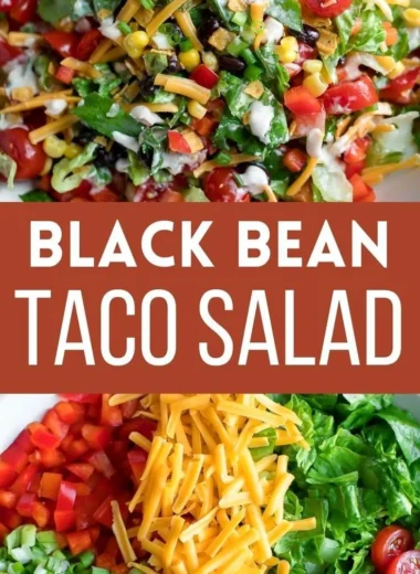 A colorful Vegetarian Black Bean Taco Salad topped with fresh vegetables and avocado.