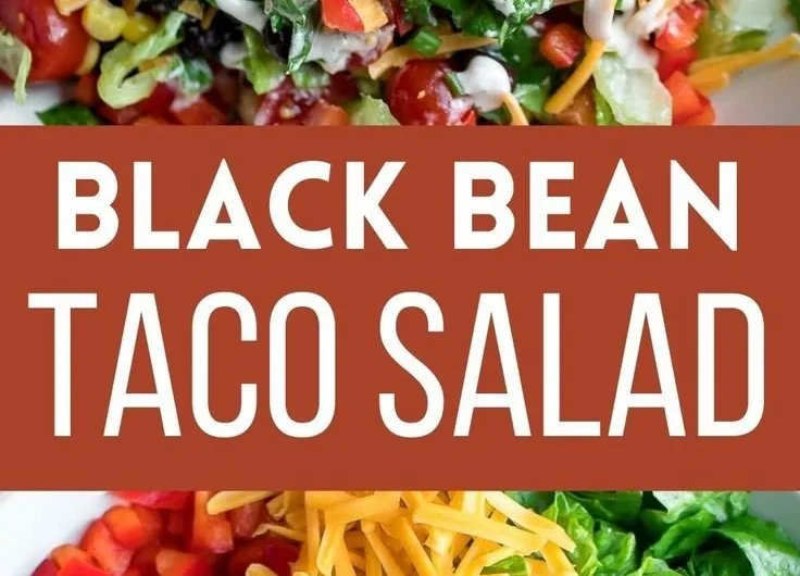 A colorful Vegetarian Black Bean Taco Salad topped with fresh vegetables and avocado.
