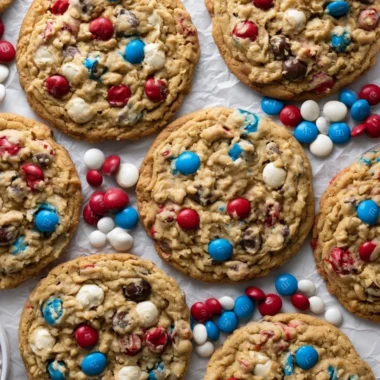 Colorful 4th of July Monster Cookies with sprinkles and chocolate chips