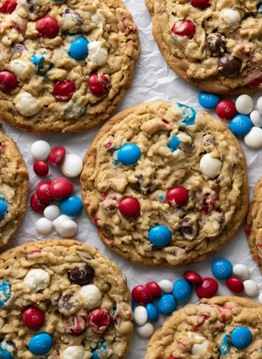 Colorful 4th of July Monster Cookies with sprinkles and chocolate chips