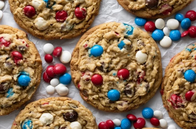 Colorful 4th of July Monster Cookies with sprinkles and chocolate chips