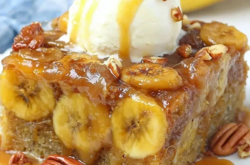 Delicious Banana Upside Down Cake topped with caramelized bananas