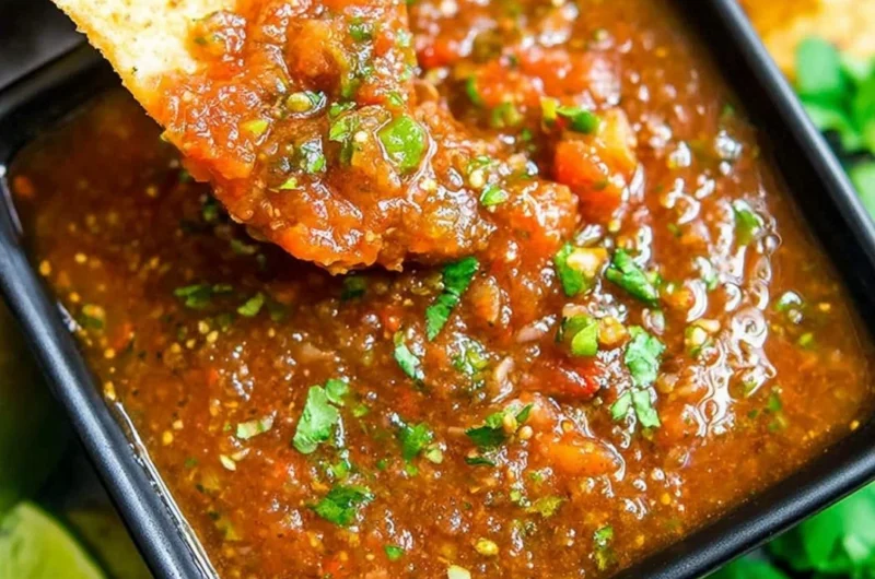 Freshly made blender salsa in a glass bowl with colorful ingredients