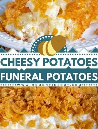 Delicious cheesy potatoes, also known as funeral potatoes, served warm.
