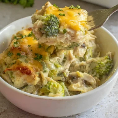 Cheesy turkey and broccoli casserole in a baking dish