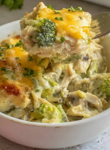 Cheesy turkey and broccoli casserole in a baking dish