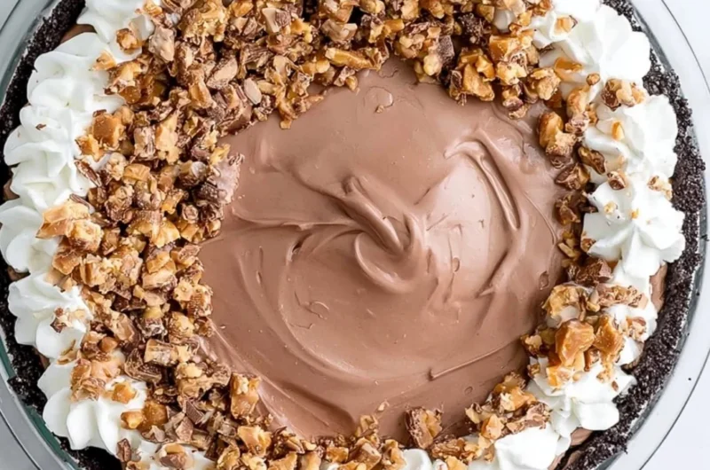 Chocolate Heath Pie with layers of chocolate and Heath Bar pieces