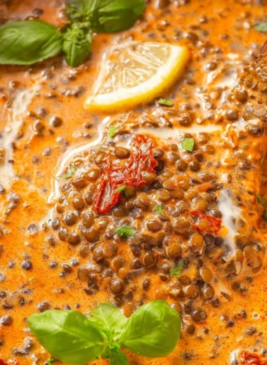 Bowl of Creamy Marry Me Lentils garnished with fresh herbs