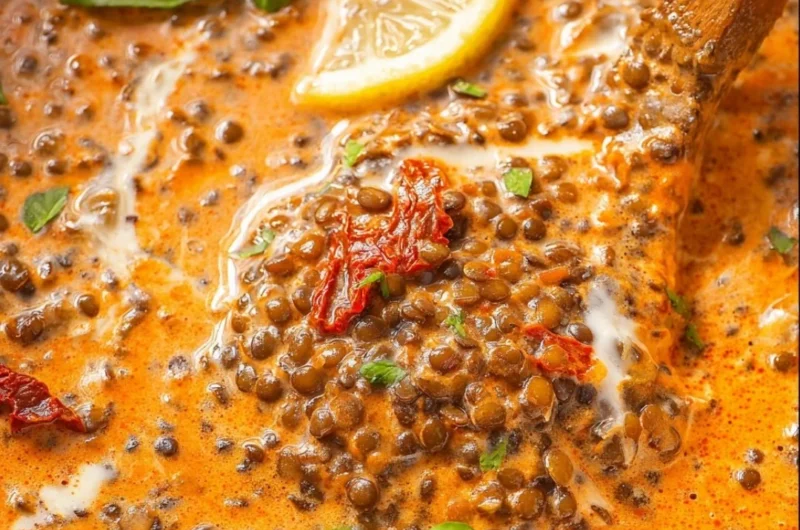 Bowl of Creamy Marry Me Lentils garnished with fresh herbs