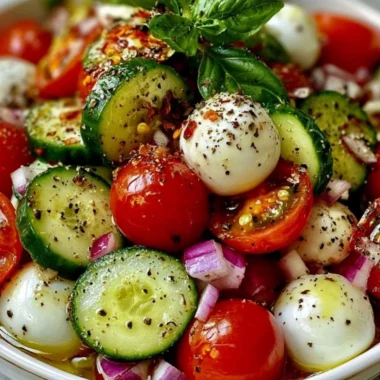 Cucumber Caprese Salad with tomatoes, mozzarella cheese, and basil leaves on a plate