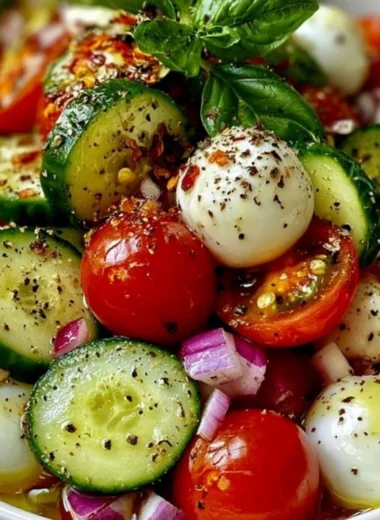 Cucumber Caprese Salad with tomatoes, mozzarella cheese, and basil leaves on a plate