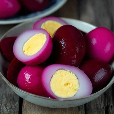 Jar of easy pickled eggs on a kitchen countertop