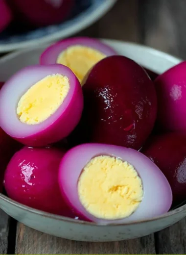 Jar of easy pickled eggs on a kitchen countertop