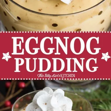 Delicious bowl of homemade eggnog pudding topped with whipped cream and nutmeg