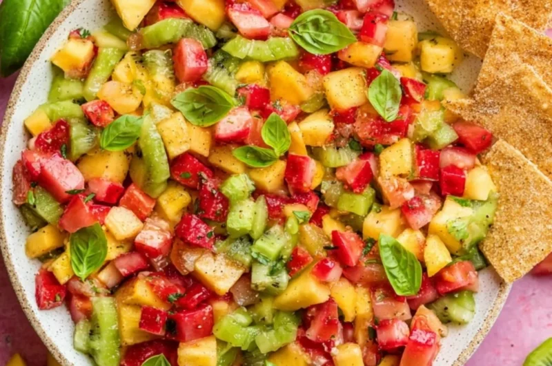 Bowl of fresh fruit salsa served with crispy cinnamon sugar chips