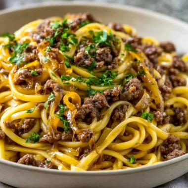 Delicious garlic butter beef pasta served in a bowl