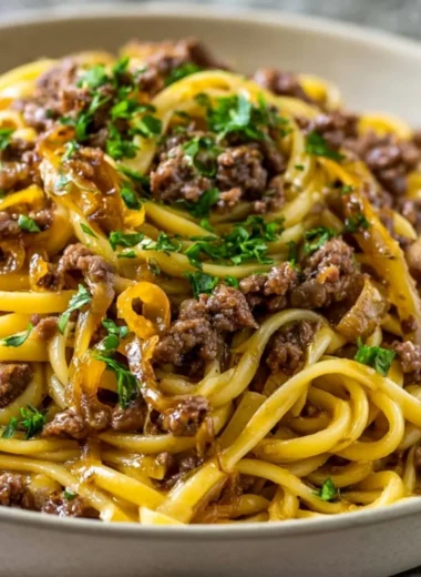 Delicious garlic butter beef pasta served in a bowl