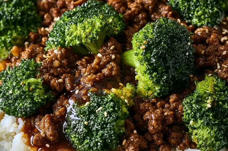 Delicious plate of Ground Beef and Broccoli served with rice.