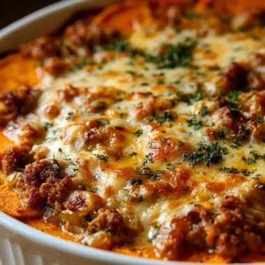 Ground Turkey Sweet Potato Bake dish ready to serve, topped with fresh herbs.