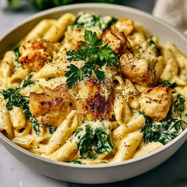 Healthy Garlic Parmesan Chicken Pasta dish with chicken, pasta, and garlic sauce