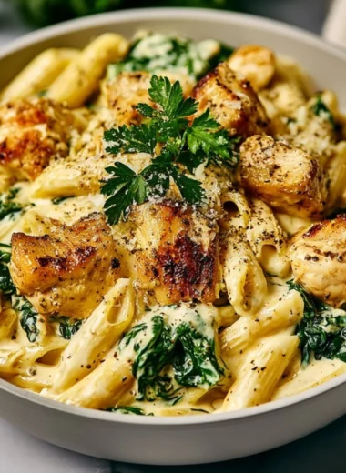 Healthy Garlic Parmesan Chicken Pasta dish with chicken, pasta, and garlic sauce